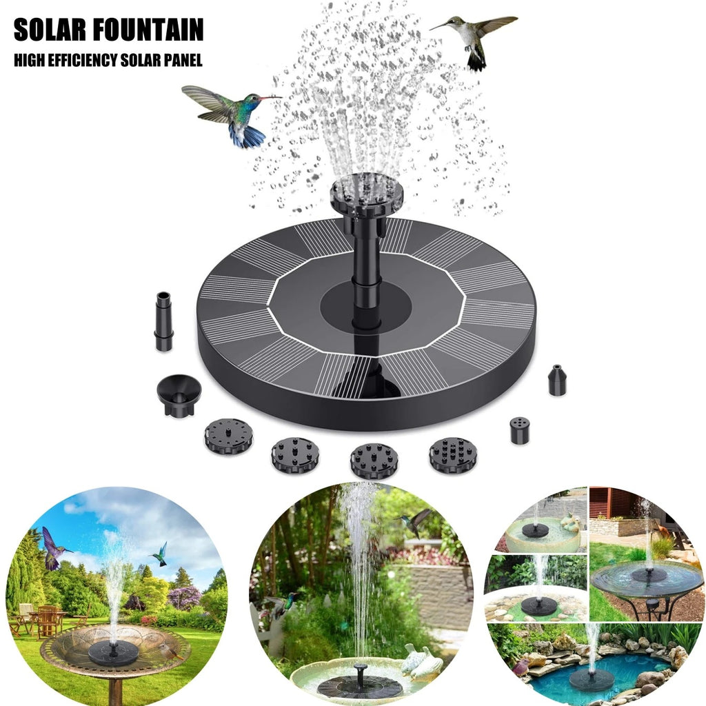 Solar-Powered Fountain Pump with 6 Nozzles & 2 Connector Heads – Ideal for Bird Baths, Ponds, and Gardens