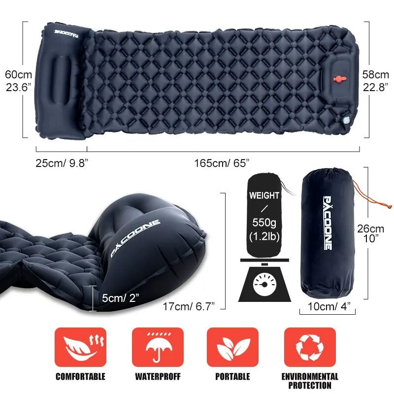 Ultralight Inflatable Camping Mattress with Built-In Pump & Pillow